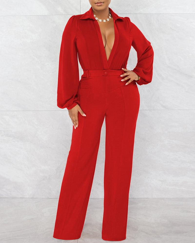 

Lantern Sleeve Plunge Wide Leg Jumpsuit, Red