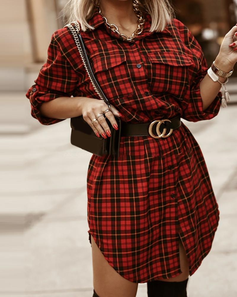 

Plaid Print Buttoned Pocket Design Slit Shirt Dress, Red