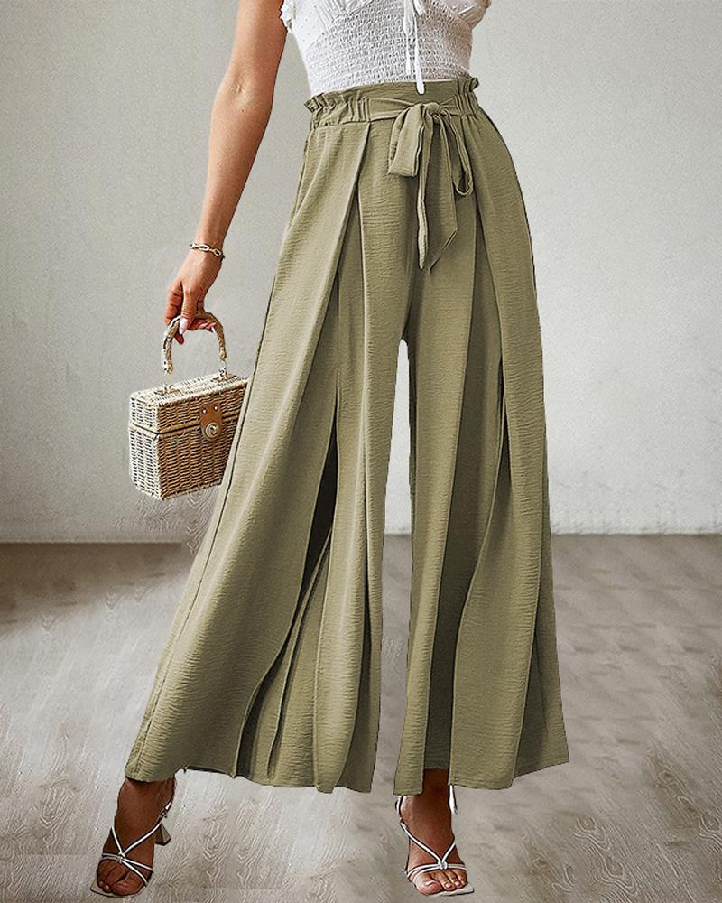 

Tie Front Pleated Design Wide Leg Pants, Green