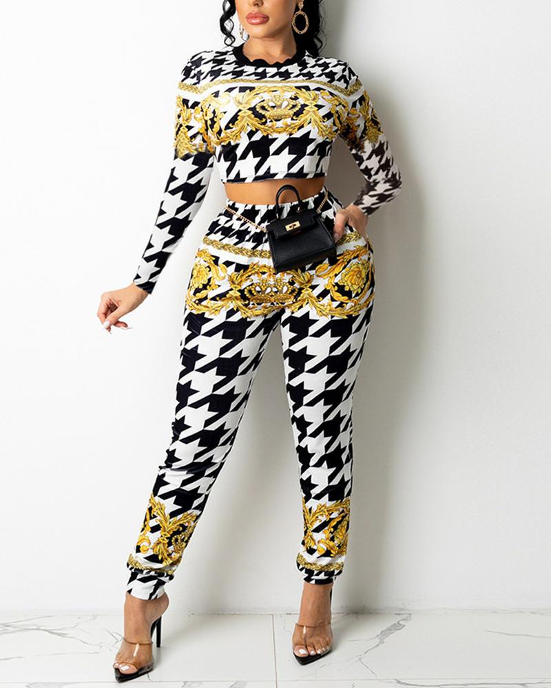 

Houndstooth Crop Top & Pants Set, Black
