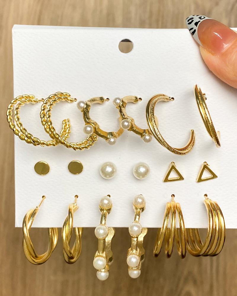 

9Pair Pearls Decor Vintage Earrings Set, Gold
