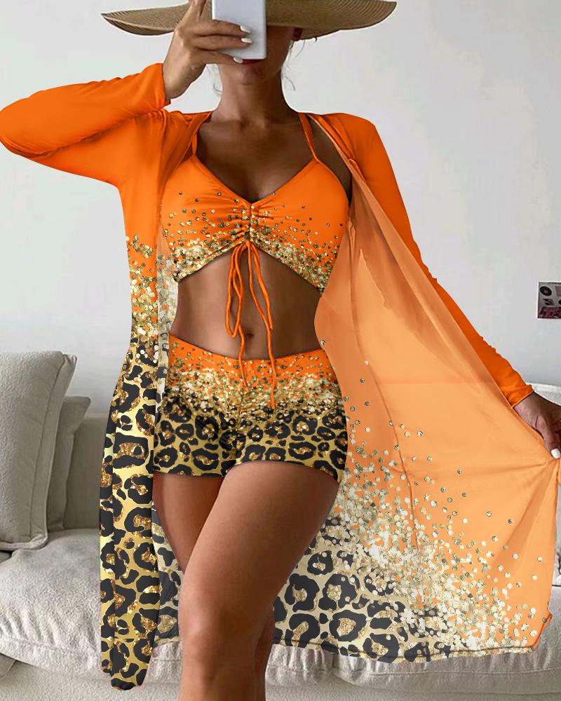 

3PCS Contrast Leopard Print Drawstring Bikini Set With Cover Up, Orange