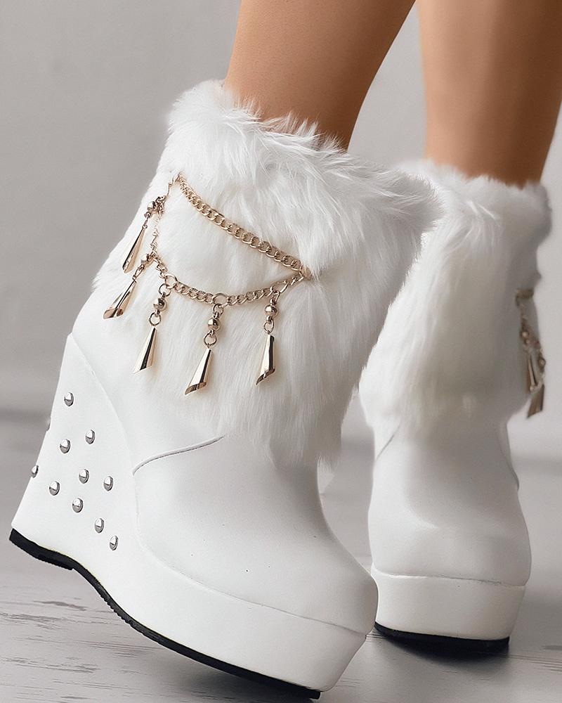 

Chain Decor Studded Fuzzy Detail Wedge Snow Boots, White