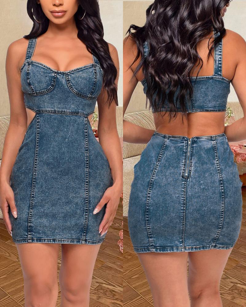 

Spaghetti Strap Backless Denim Dress, Lighted blue