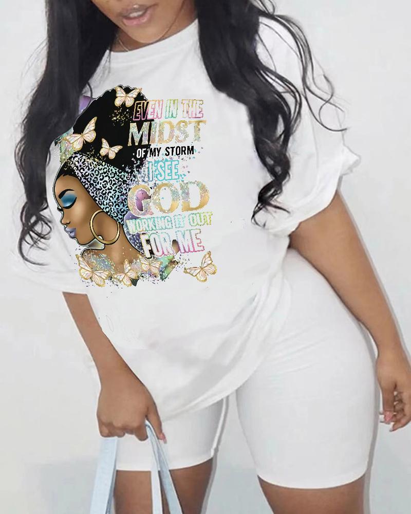 

Plus Size Figure Letter Butterfly Print Casual T-shirt, White