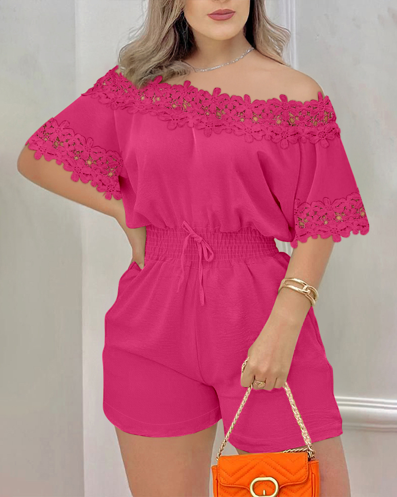 

Off Shoulder Floral Dec Short Sleeve Casual Cinch Waist Jumpsuit, Hot pink