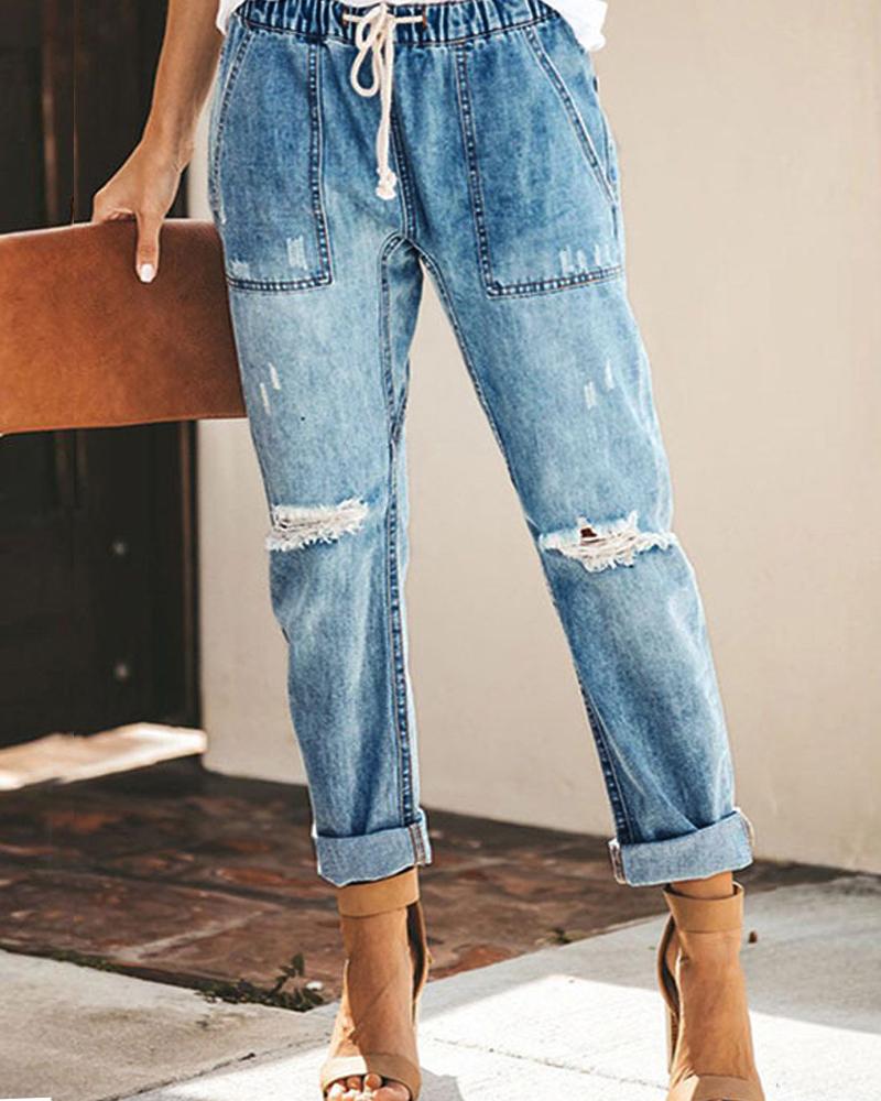 

Ripped Drawstring Pocket Design Denim Pants, Light blue