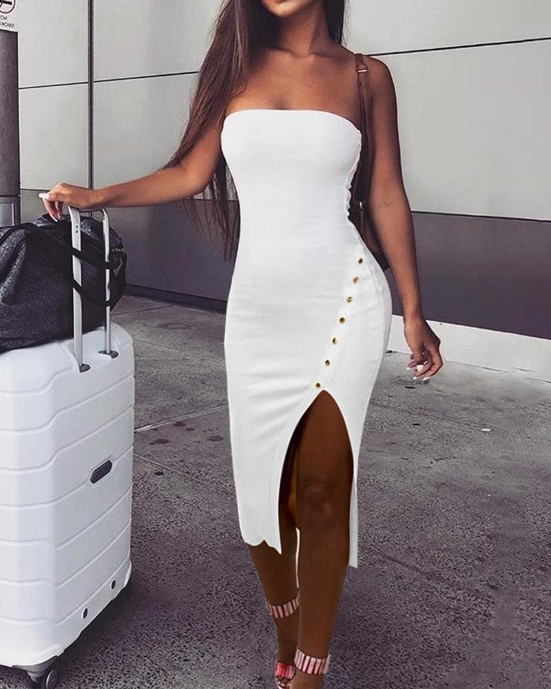

Button Design Skinny Slit Bandeau Dress, White
