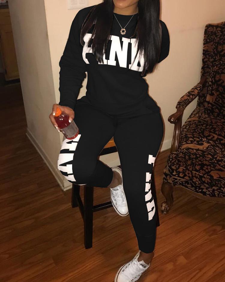 

Trendy Letter Print Sweatshirt Tracksuit, Black