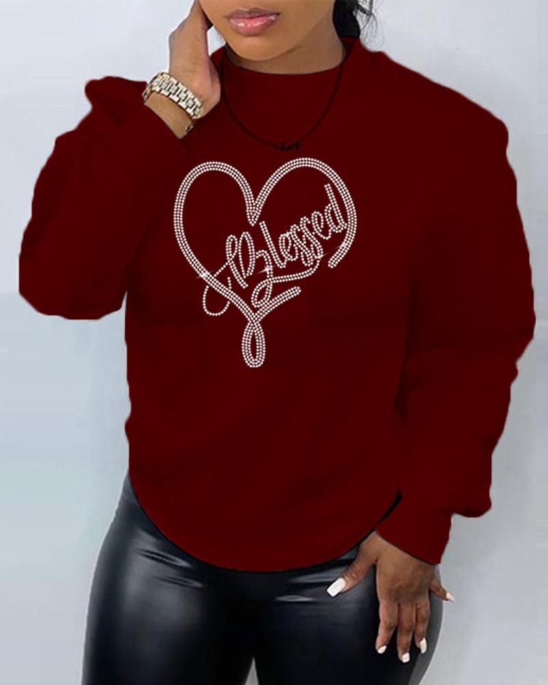 

Plus Size Rhinestone Letter Heart Pattern Sweatshirt, Wine red