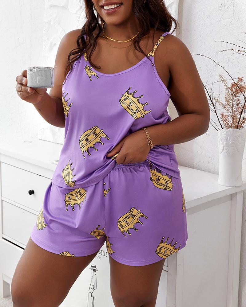 

Plus Size Crown Print Spaghetti Strap Cami Set, Purple