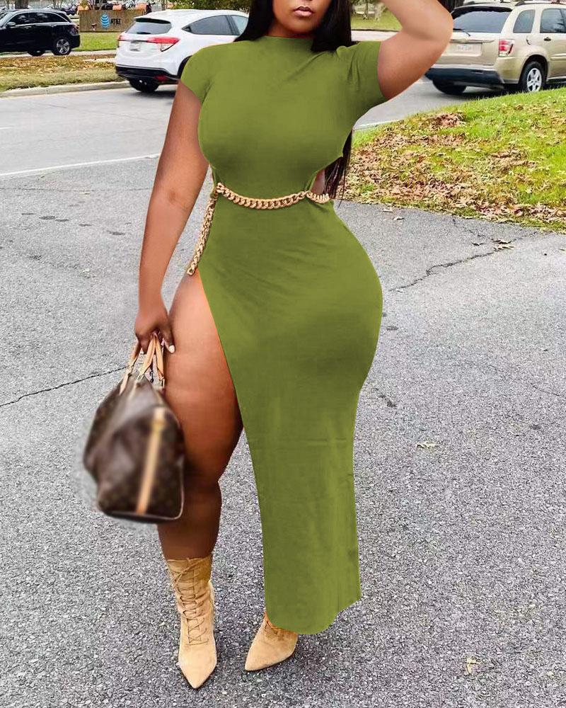 

Chain Decor Cutout High Slit Dress, Green
