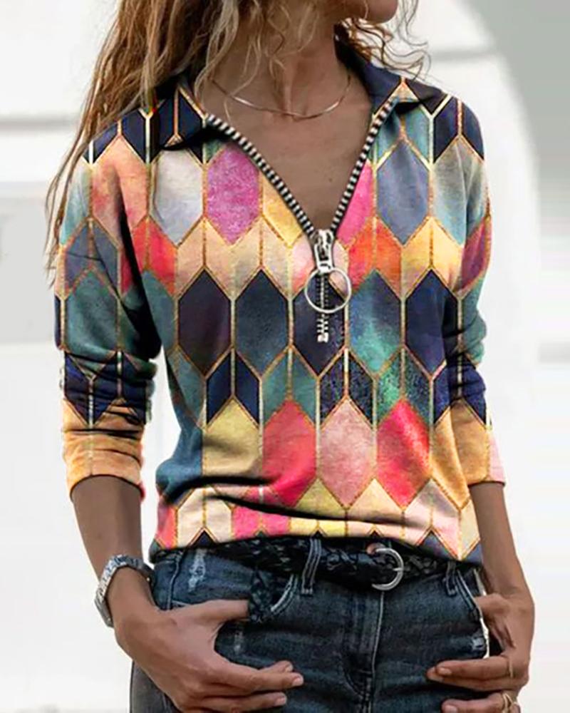 

Zipper Design Geometric Print Top, Pink