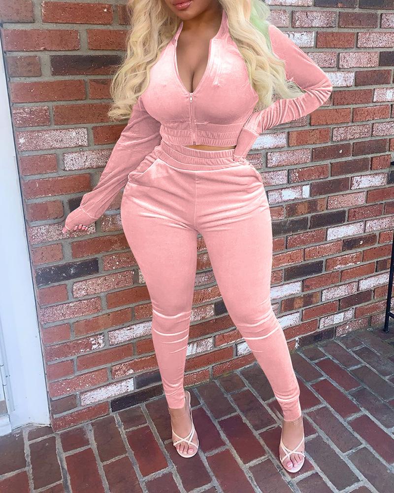 

Velvet Zipper Design Coat & Pocket Design Pants Set, Pink