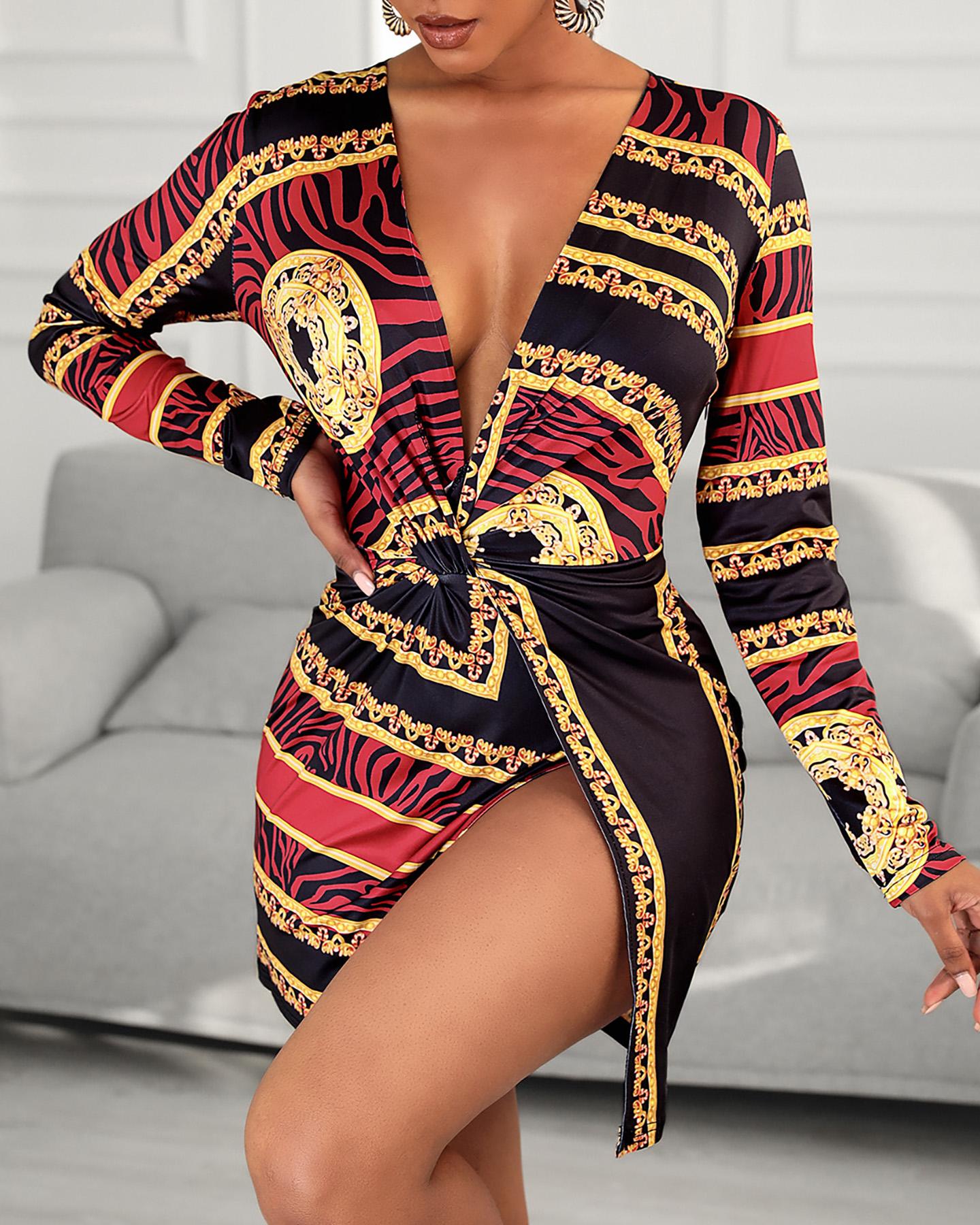 

Graphic Print Plunge High Slit Bodycon Women Dress, Brown