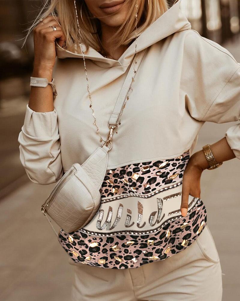 

Letter Leopard Print Long Sleeve Hooded Sweatshirt, Beige