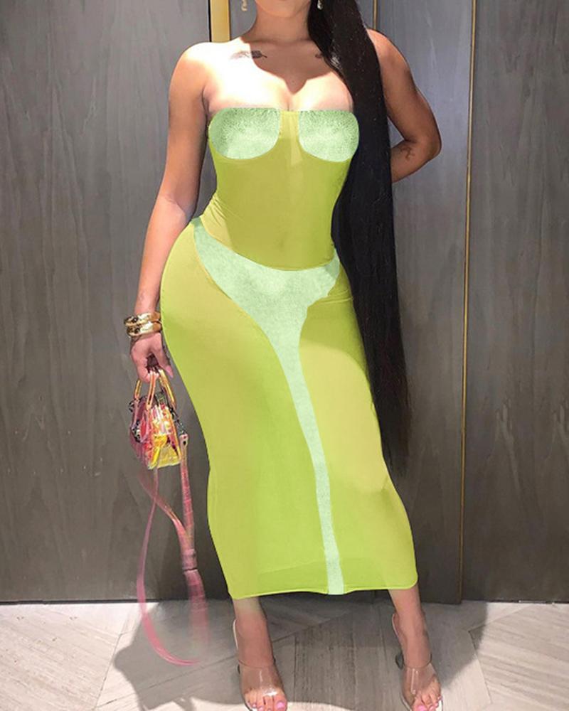 

Colorblock Sleeveless Slim Off Shoulder Midi Dress, Lvs green