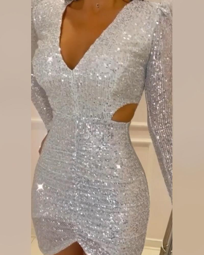 

V-Neck Cutout Ruched Long Sleeve Sequin Dress, Silver