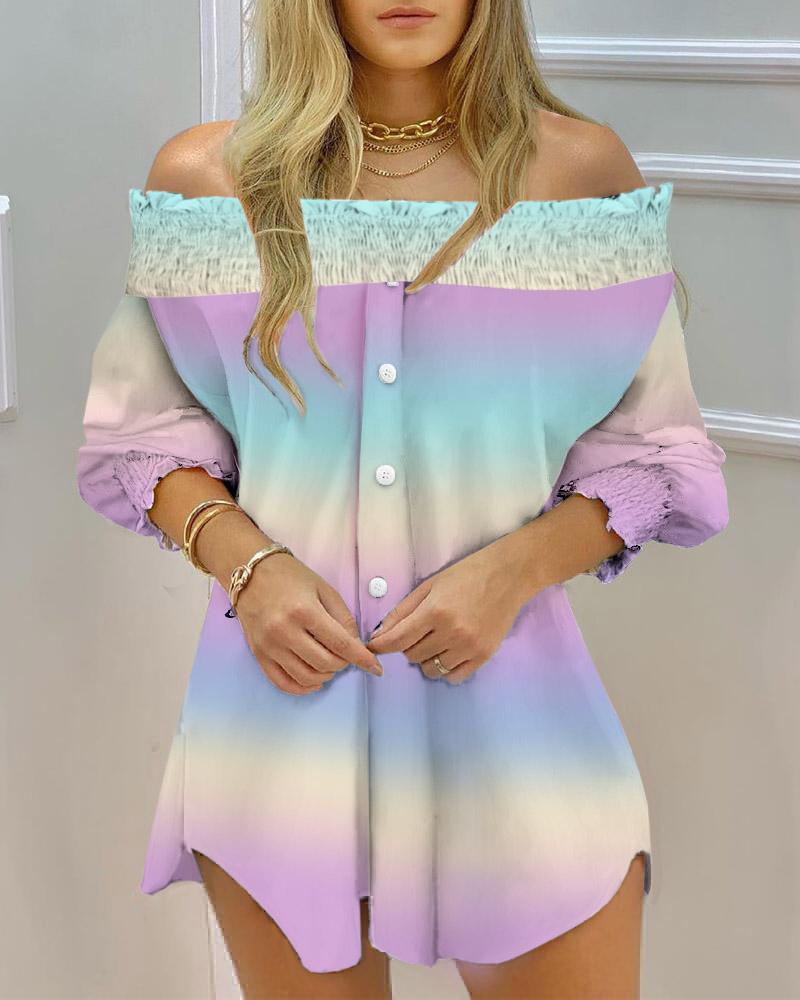 

Off Shoulder Shirred Ombre Colorblock Buttoned Top, Multicolor