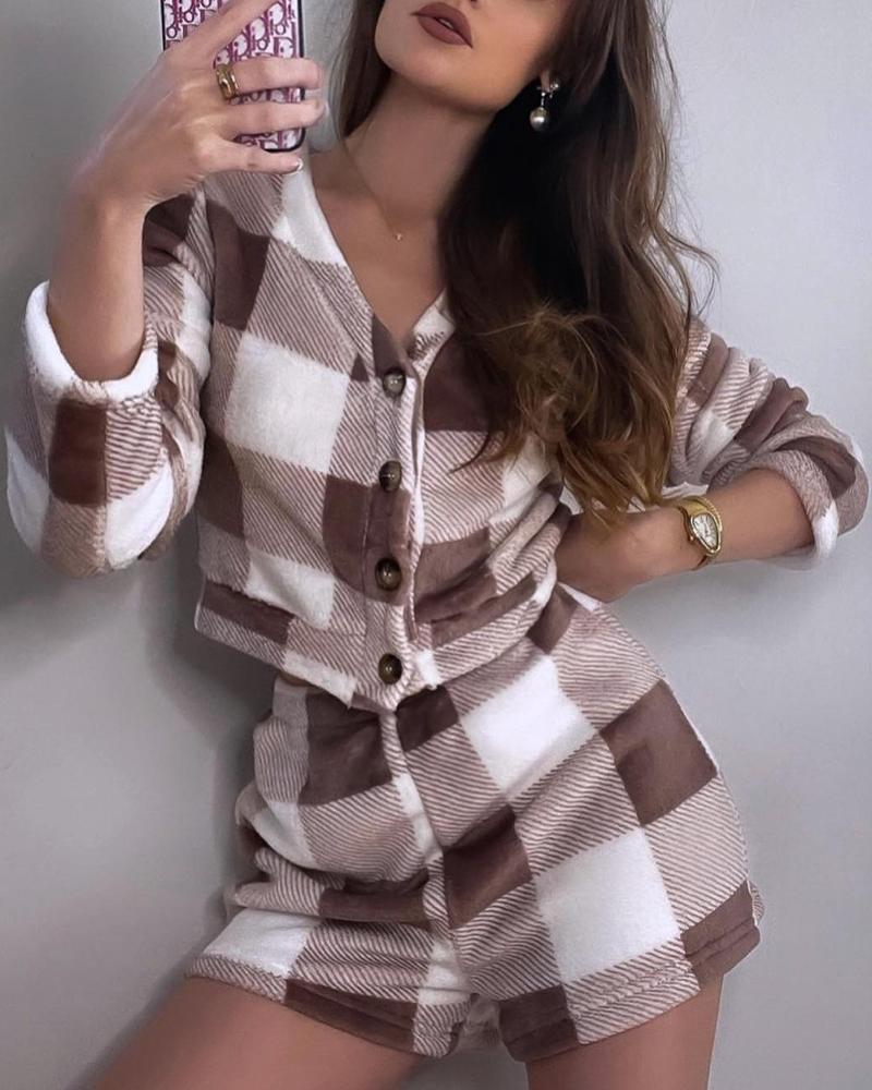 

Plaid Print Long Sleeve Crop Top & Shorts Set, Coffee