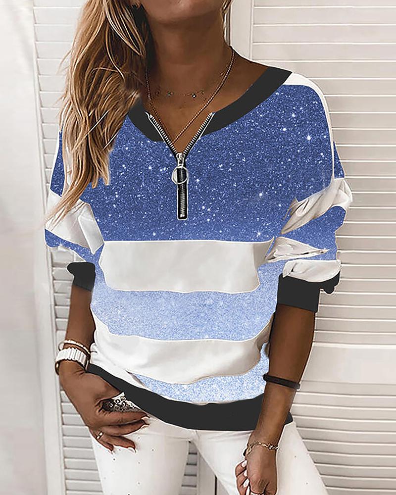 

Colorblock Glitter Zipper Front Drop Shoulder Sweatshirt, Blue