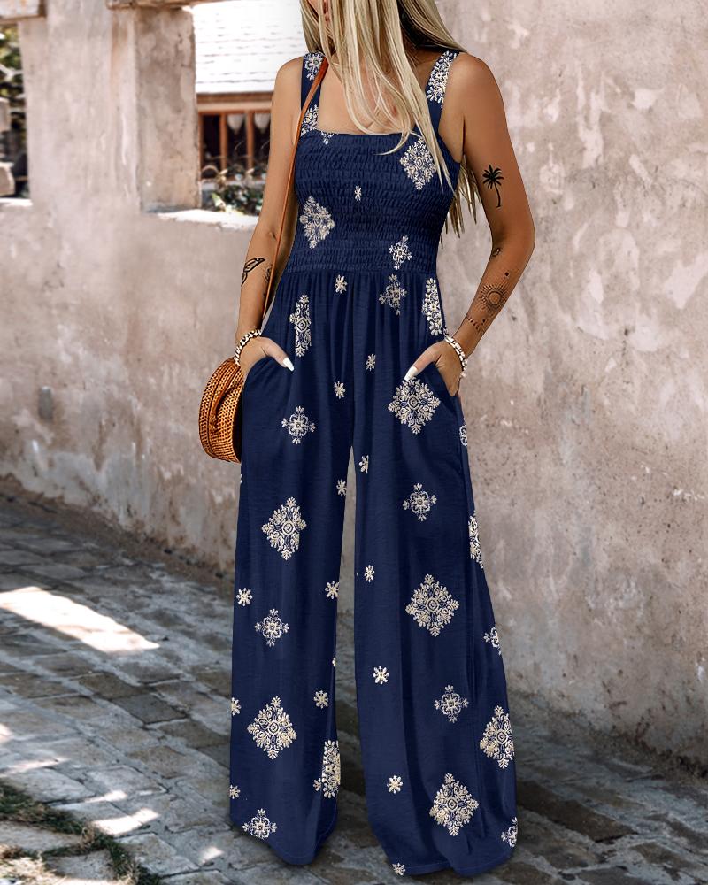 

Graphic Print Thick Strap Square Neck Shirred Jumpsuit Wide Leg Vacation Overalls with Pockets, Dark blue