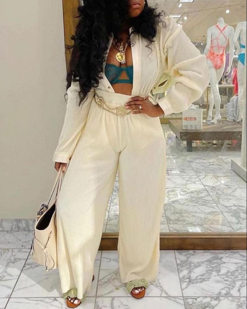 

Long Sleeve Buttoned Top & Wide Leg Pants Set, White