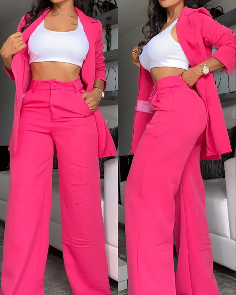 

Notched Collar Blazer Coat & Pocket Design Pants Set, Hot pink
