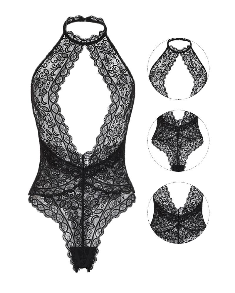 

Crochet Lace Sheer Mesh Cut Out Halter Teddy, Black