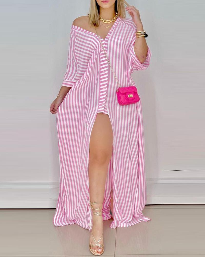 Striped Button Design High Slit Maxi Dress