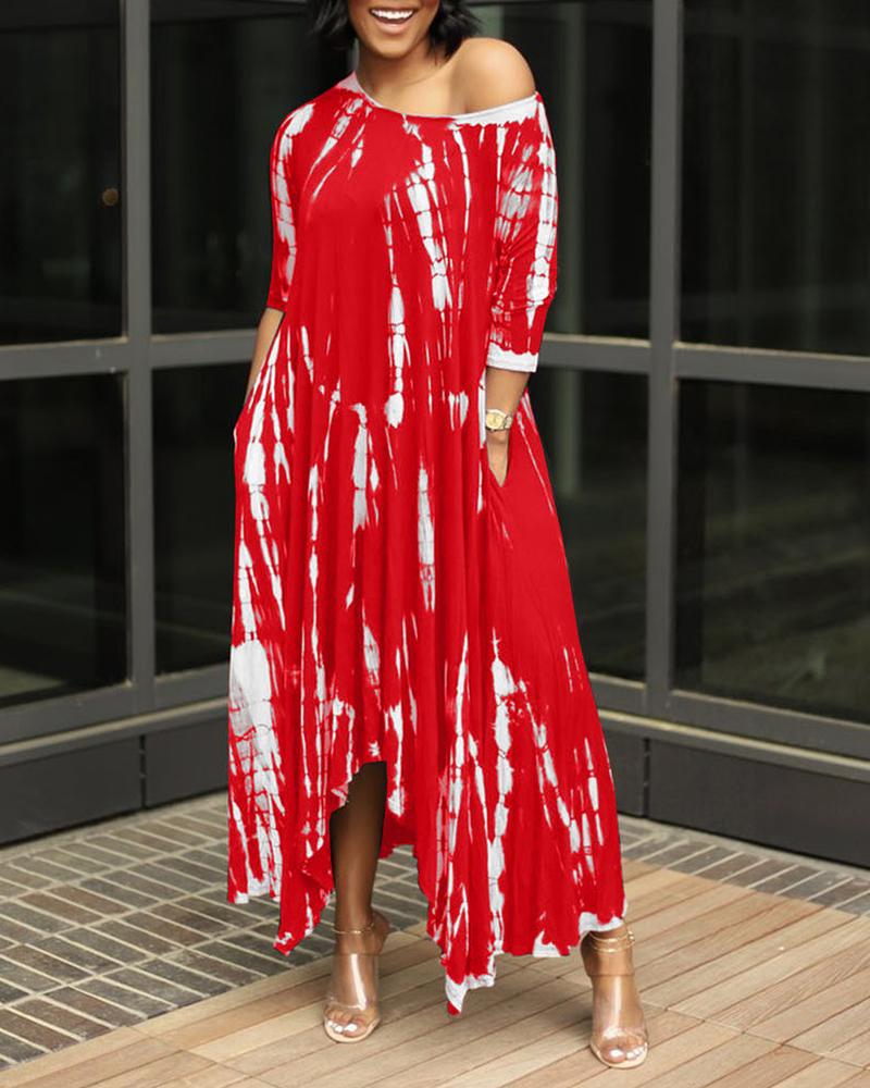 

Pocket Design Tie Dye Print Dip Hem Dress, Red
