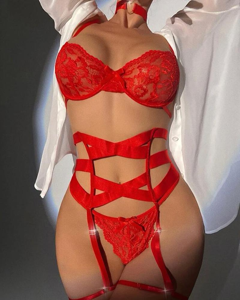 

Crochet Lace Garter Lingerie Set, Red