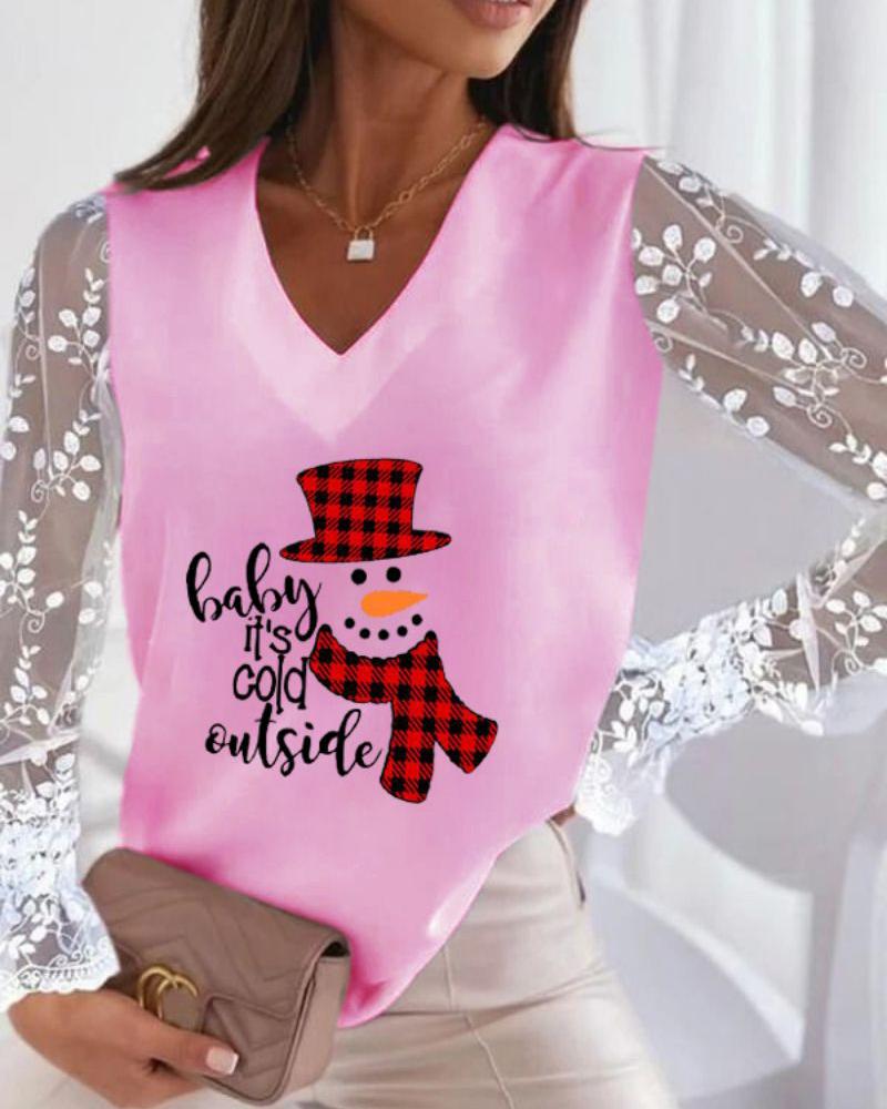 

Christmas Snowman Print Contrast Lace Long Sleeve Top, Pink