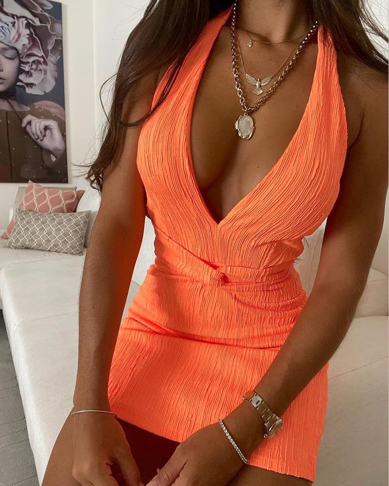 

Halter Ruched Plunge Bodycon Dress, Orange