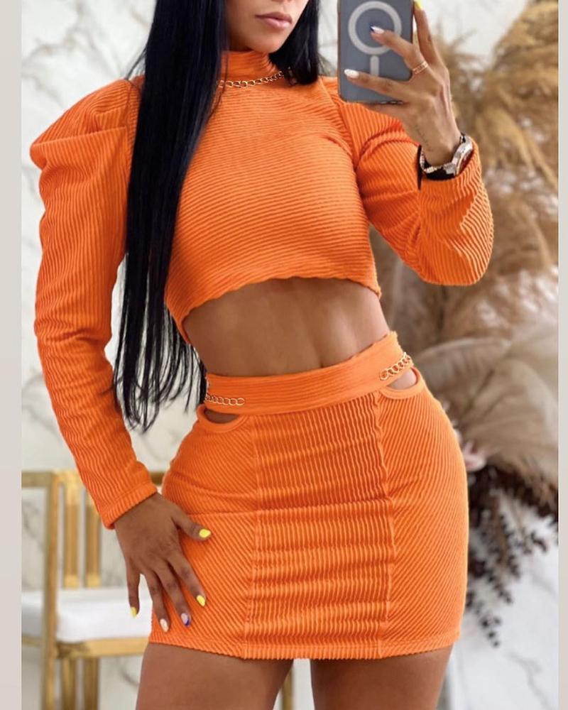 

Puff Sleeve Crop Top & Skirt Set, Orange