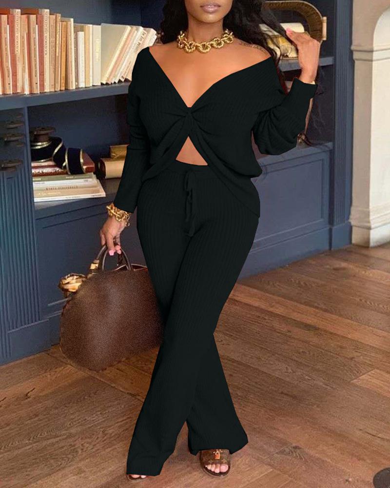 

Twisted Ribbed Long Sleeve Top & Bootcut Pants Set, Black