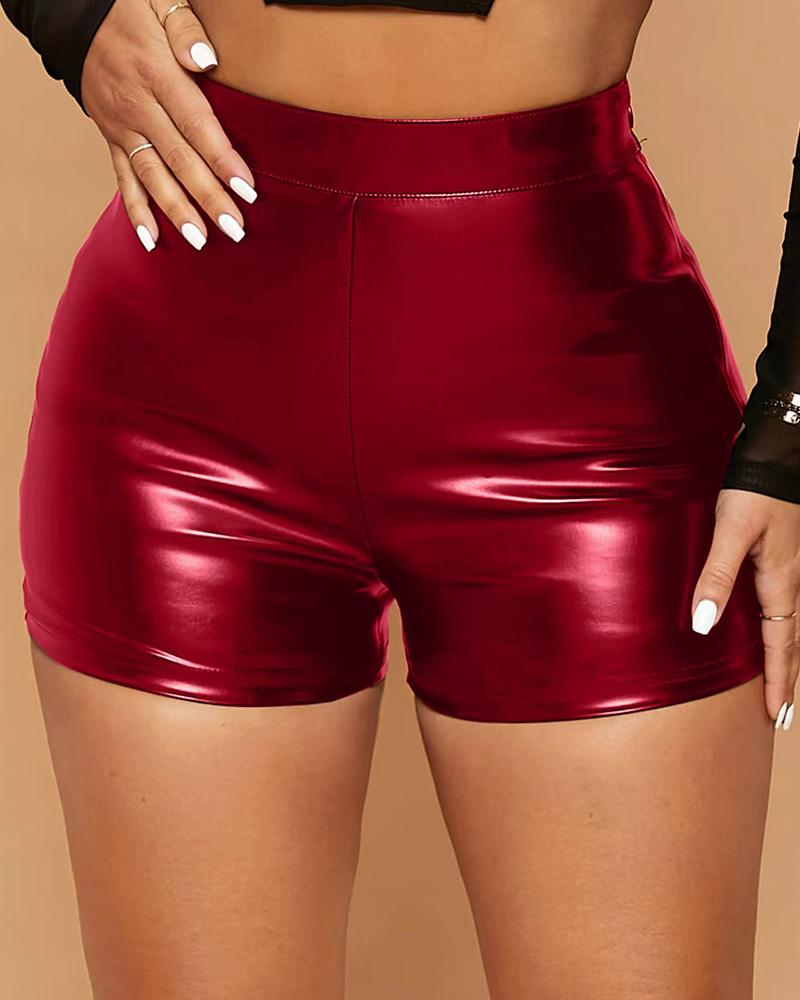 

PU Leather High Waist Shorts, Dark red