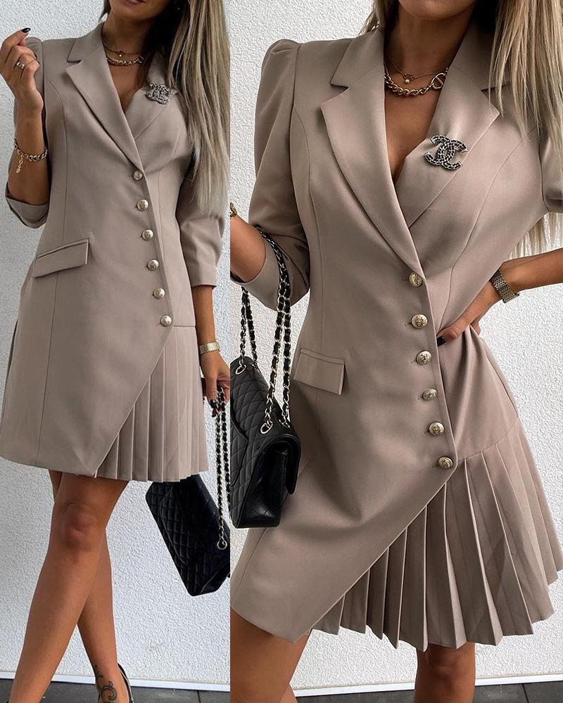 

Asymmetrical Button Pocket Design Pleated Blazer Dress, Khaki