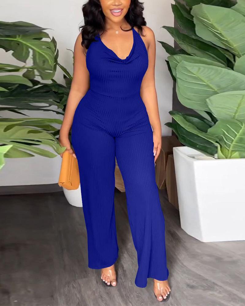 

Halter Backless Wide Leg Knit Jumpsuit, Blue