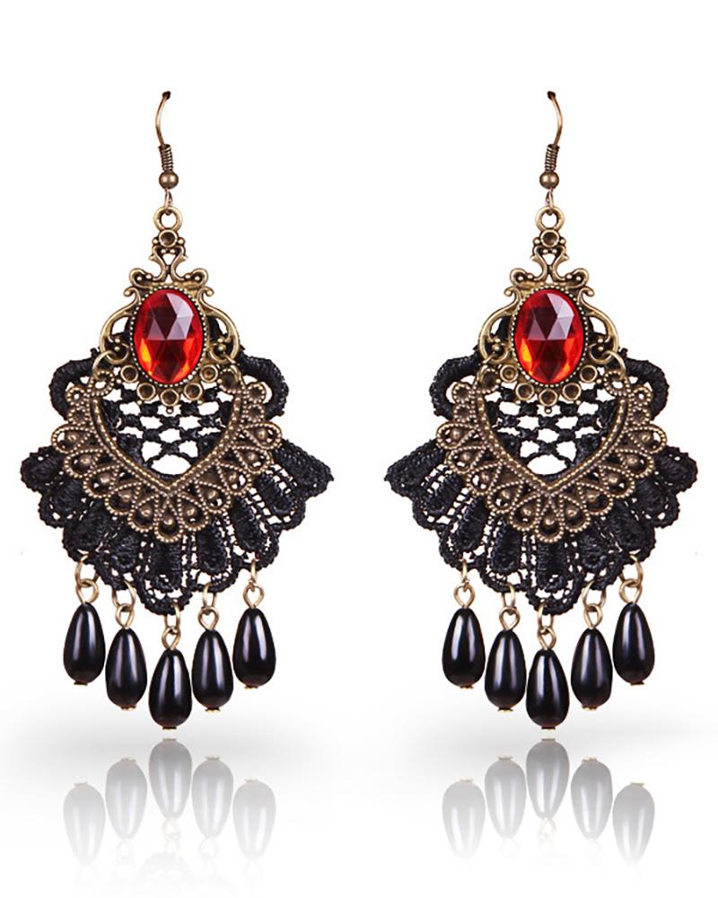 

Retro Halloween Rhinestone Decor Lace Earrings, Red