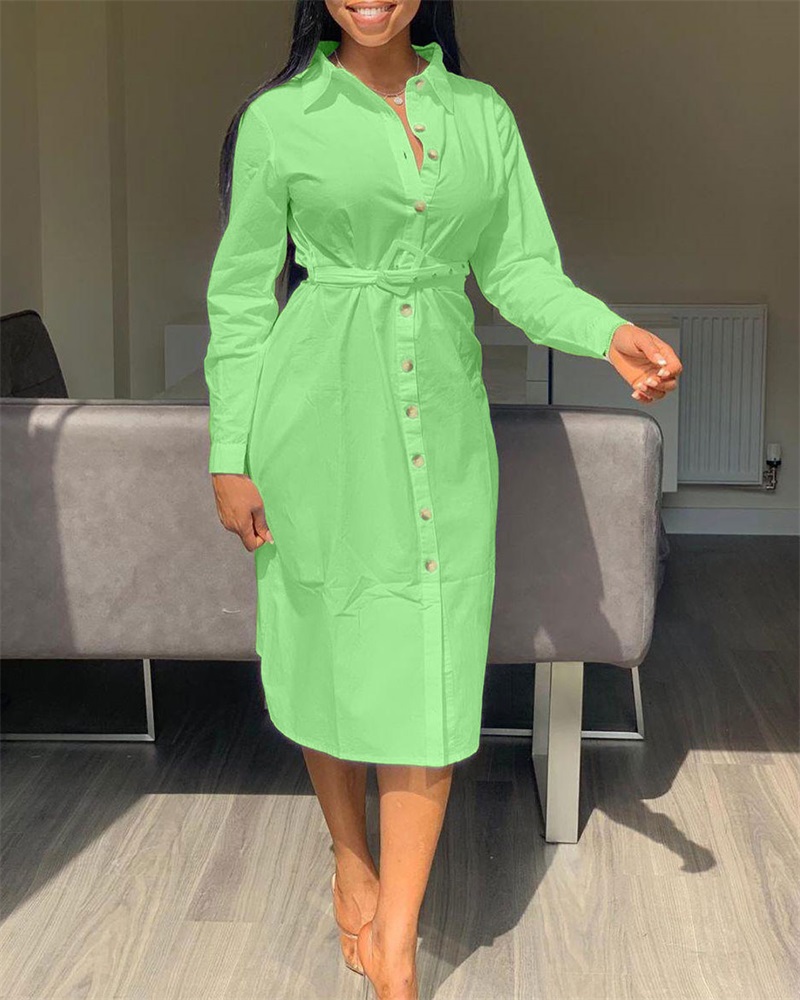 

Plus Size Long Sleeve Button Down Belted Shirt Dress, Green