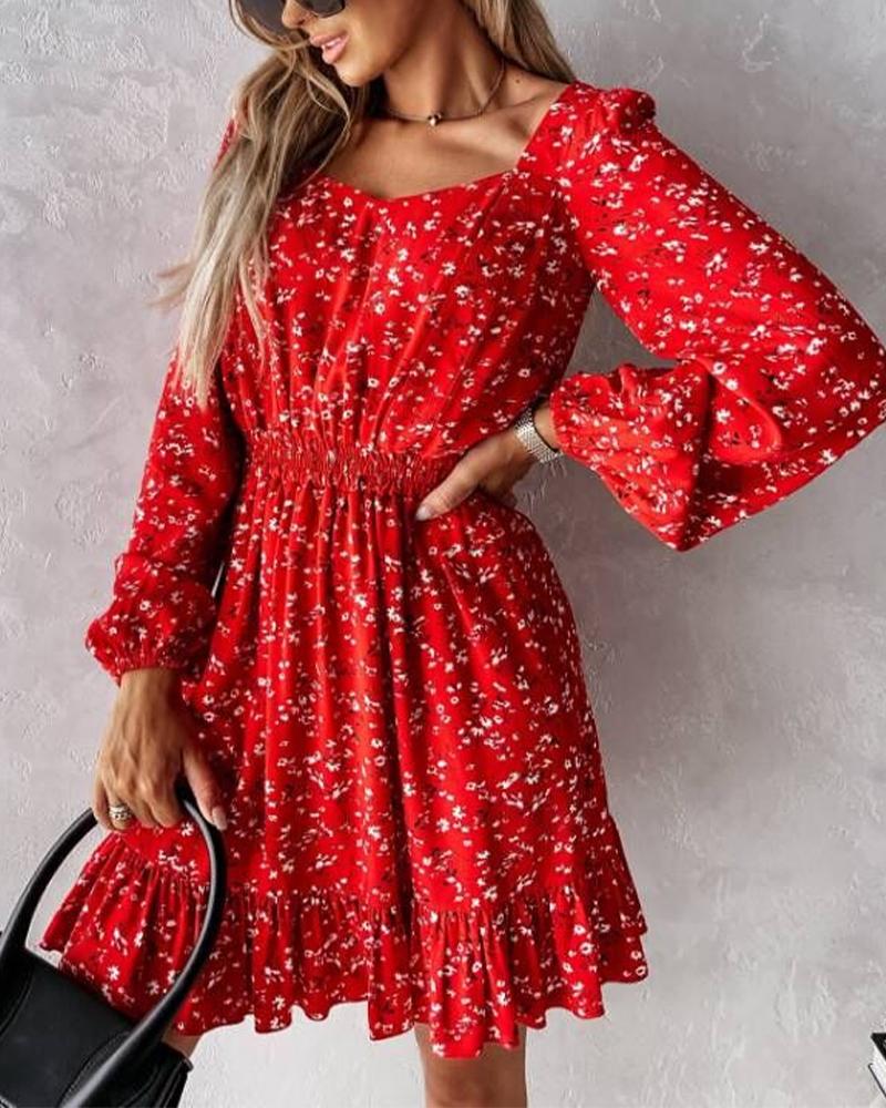 

Ditsy Floral Print Lantern Sleeve Shirred Waist Ruffle Hem Dress, Red