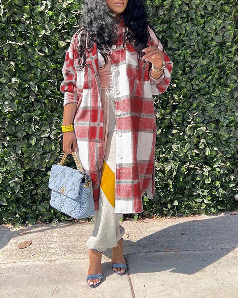 

Plaid Print Button Down Longline Shacket, Wine red