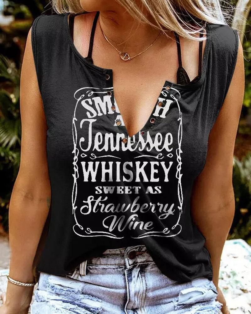 

Smooth As Tennessee Whiskey Sweet As Strawberry Wine Print Eyelet Decor Casual Tank Top, Black