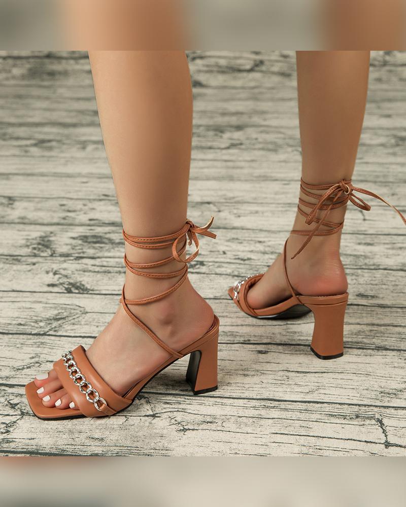 

Solid Metallic Chain Patch Upper High Heel Sandals, Brown