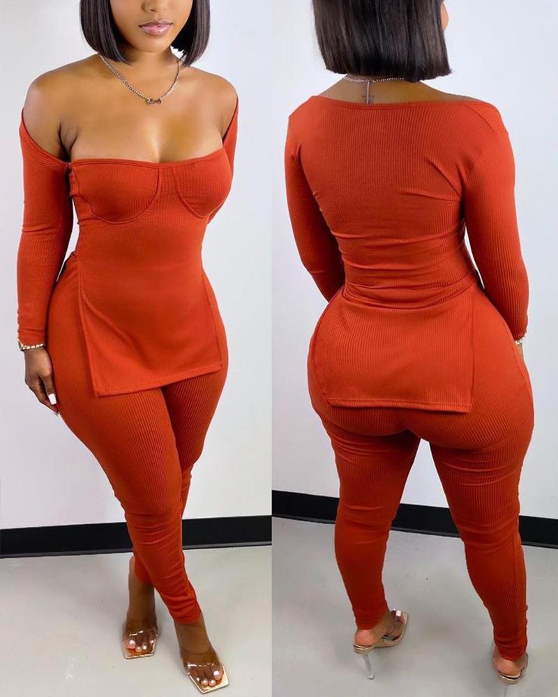

Ribbed Long Sleeve Split Hem Top & Pants Set, Orange