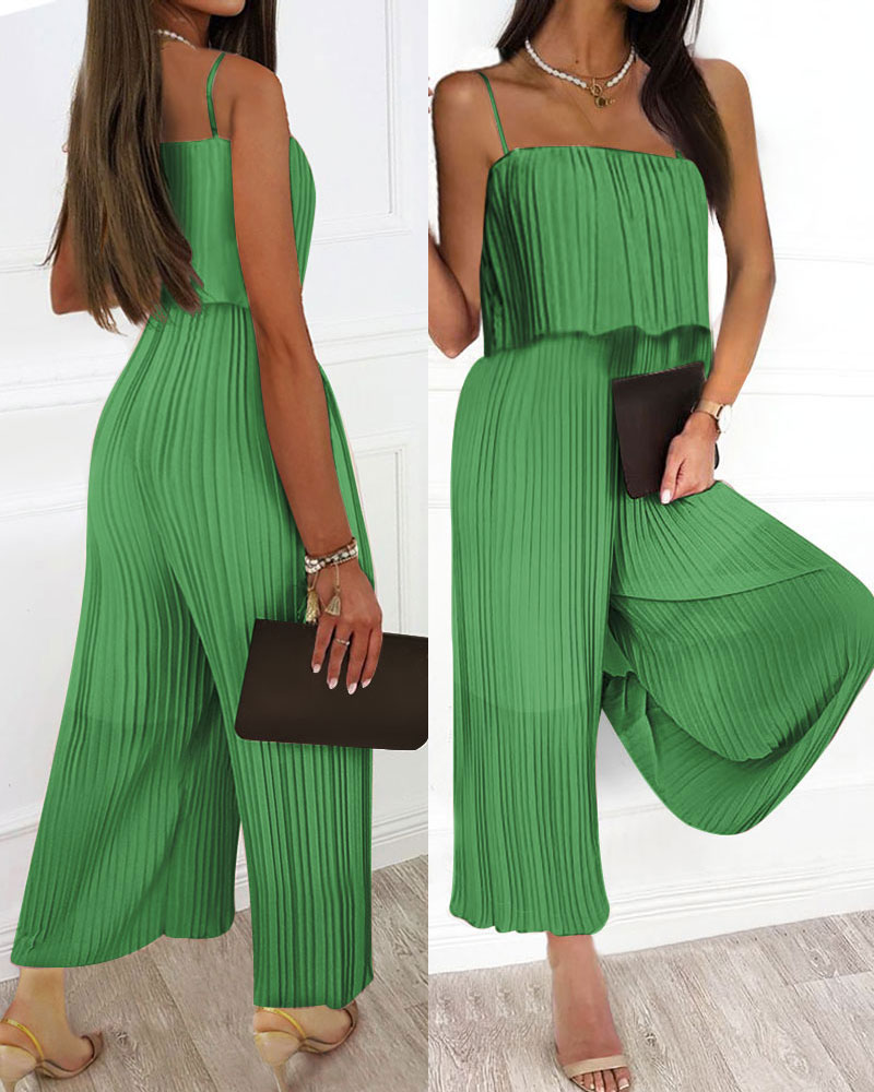 

Spaghetti Strap Ruffle Hem Pleated Wide Leg Jumpsuit, Light green