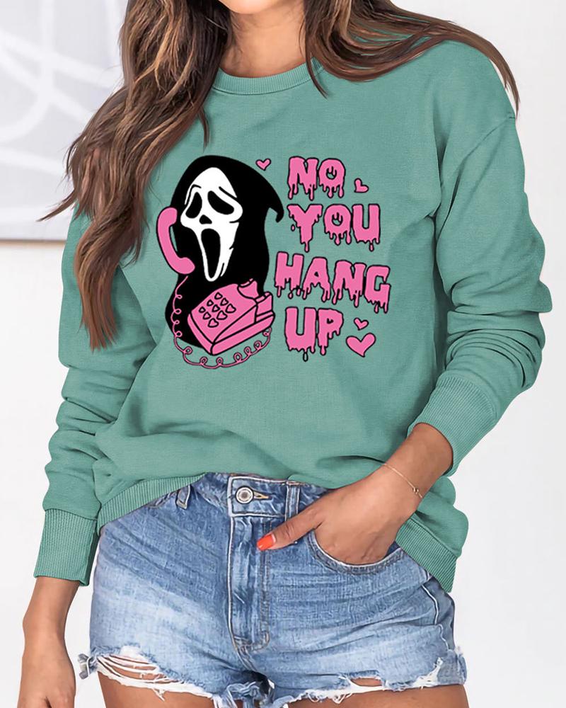

Halloween No You Hang Up Graphic Print O-Neck Sweatshirt, Light green