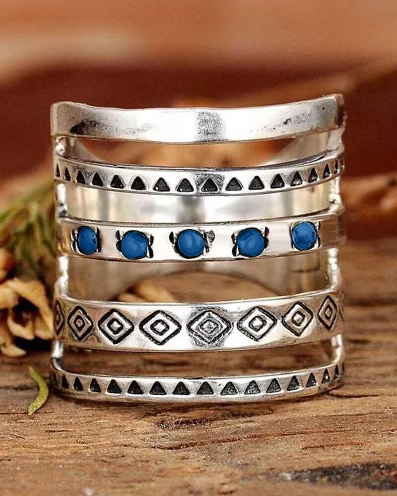 

1pc Bohemian Turquoise Geometric Hollow Out Ring, Silver