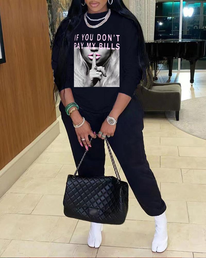 

Slogan Print Long Sleeve Casual Top & Pants Set, Black